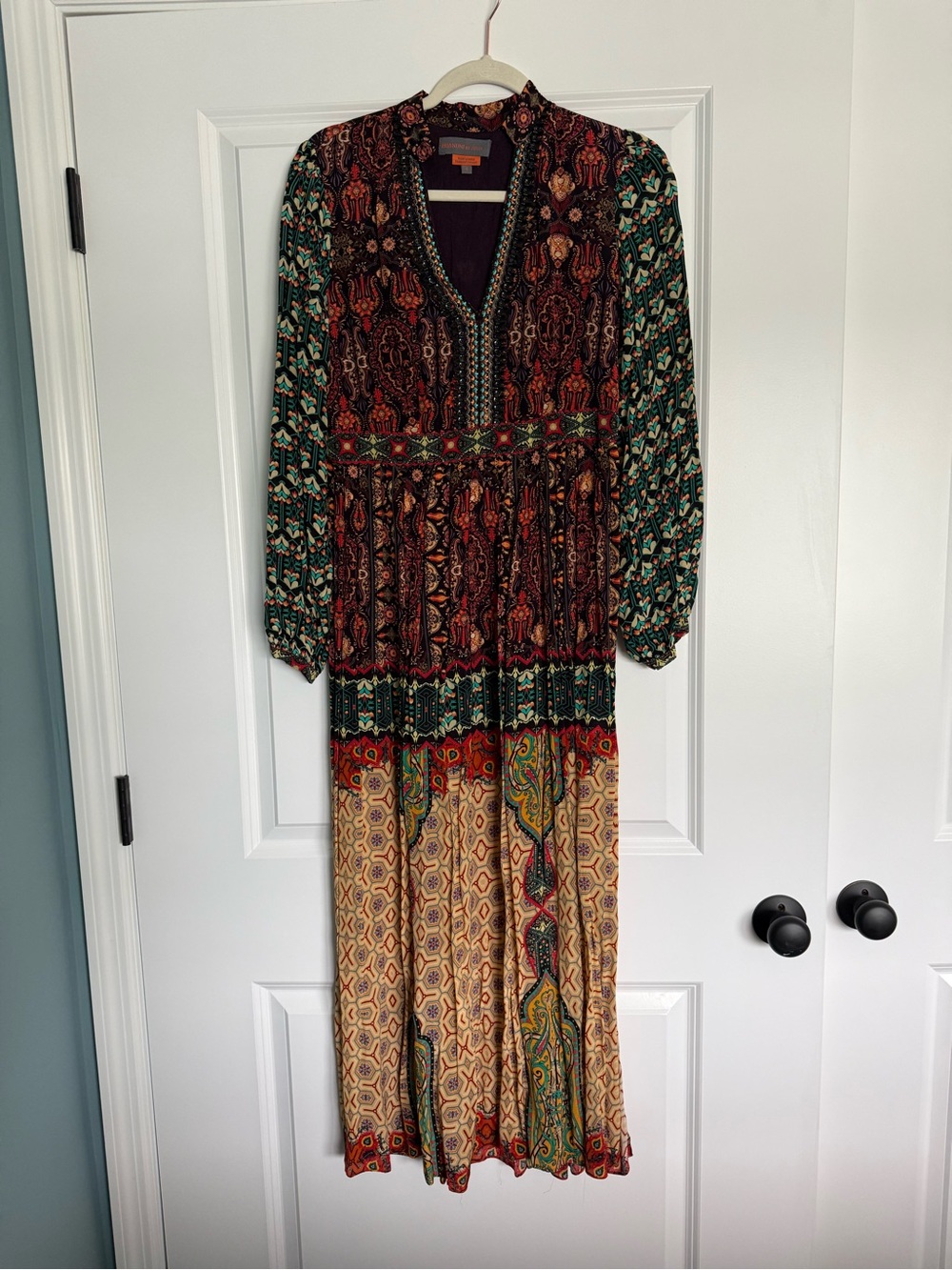 Anthropologie Bhanuni by Jyoti Orange Combo Mixed Print Maxi Dress Size 4 - Picture 3 of 4